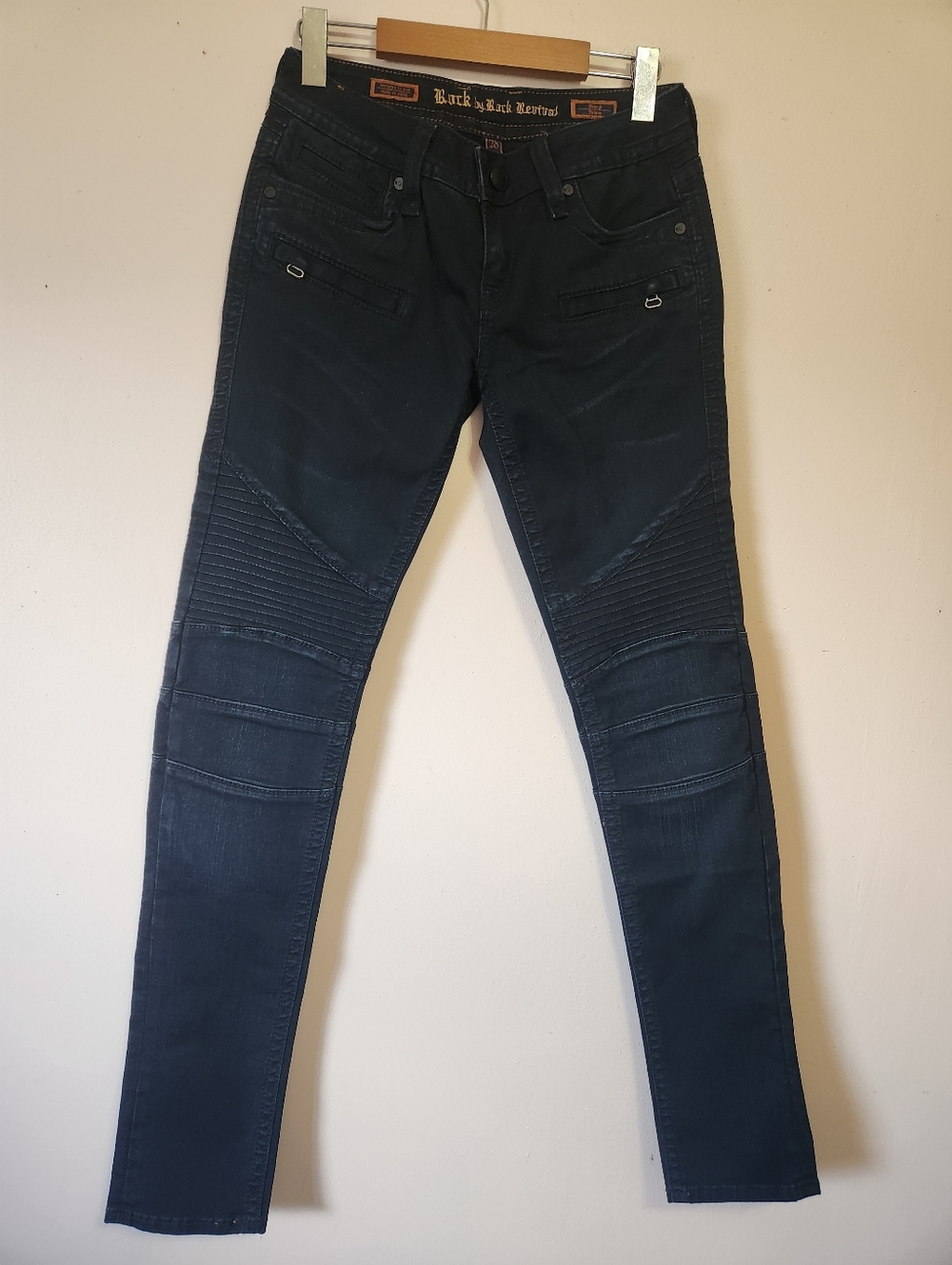 Rock by Rock Revival Sheryl Skinny Moto Jeans Dark Wash Ribbed Knee Size 28 EUC